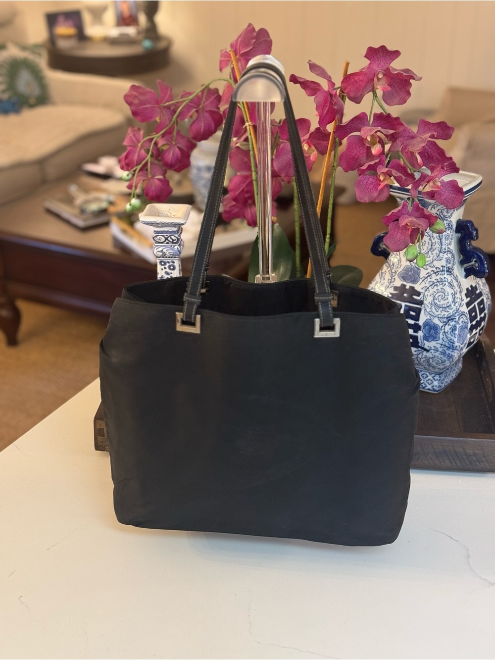 Prada Vintage Tessuto Black Nylon Shoulder Tote with Leather Top Handles Italy - Picture 3 of 17